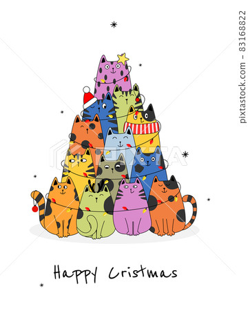 Cute cats Christmas tree silhouette. Funny greeting card for pet lovers. Cute cats Christmas tree silhouette. Funny greeting card for pet lovers. 83168822