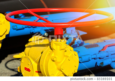 This is a valve for supplying natural gas through a gas pipeline for heating housing close-up. The This is a valve for supplying natural gas through a gas pipeline for heating housing close-up. The 83169101