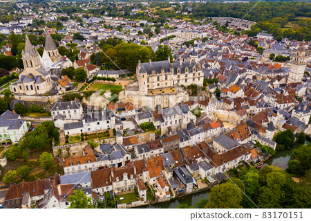 Aerial view of Loches overlooking fortified royal Chateau, France 83170151