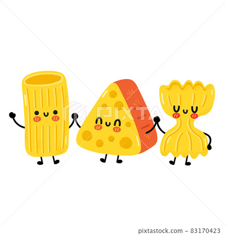 Cute funny macaroni pasta noodles character. Vector cartoon kawaii character illustration. Isolated on white background. Cute macaroni, cheese cartoon mascot concept Cute funny macaroni pasta noodles character. Vector cartoon kawaii character illustration. Isolated on white background. Cute macaroni, cheese cartoon mascot concept 83170423