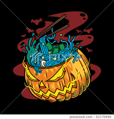 Halloween cartoon pumpkin ramen noodle vintage logo vector icon hand drawn illustration 83170998