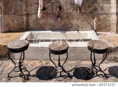 closeup of bronze water faucets near a Muslim mosque 83171215