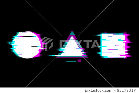 Distorted glitch style buttons vector illustration set. Play, pause, stop, warning symbols with circle and square on black background Distorted glitch style buttons vector illustration set. Play, pause, stop, warning symbols with circle and square on black background 83172317