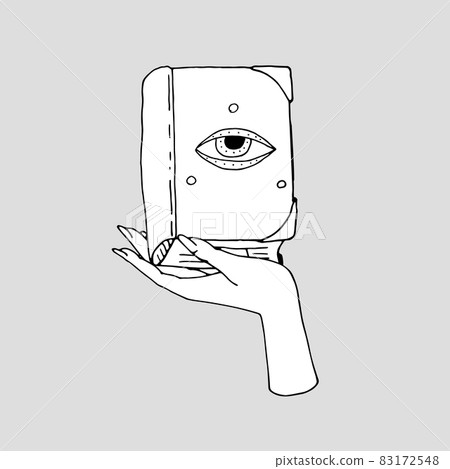 Vintage Mystic Spell Book with evil eye on cover in female hand 83172548