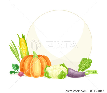 Bright Round Vegetable Frame with Ripe and Fresh Garden Cultivar Vector Illustration Bright Round Vegetable Frame with Ripe and Fresh Garden Cultivar Vector Illustration 83174084