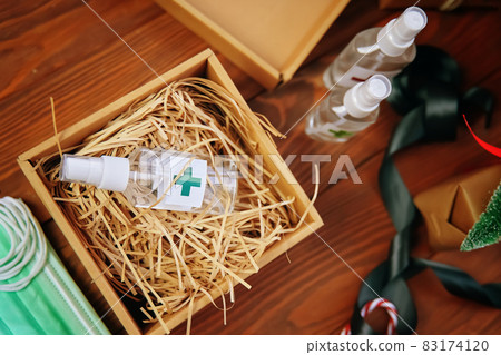 Top view of box of straw and antiseptic. Top view of box of straw and antiseptic. 83174120