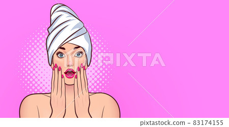 Beautiful woman in towel with clean fresh skin touch own face 83174155