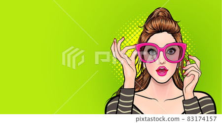 Amazed young woman in glasses look wow surprised somthing 83174157