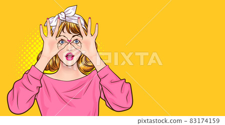 Amazed woman making glasses shape with her hands 83174159