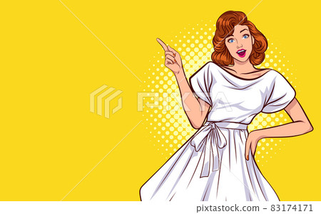 smile Woman Pointing Finger On Yellow Background Retro style 83174171