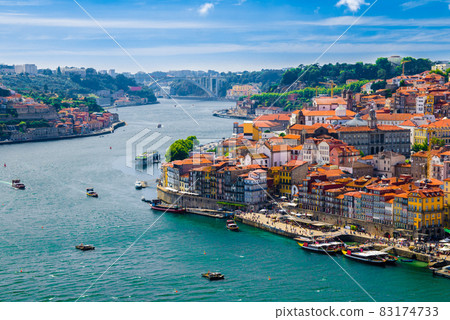 Portugal, Porto in June, Douro river, panoramic view of old town, tourist centre of Porto 83174733