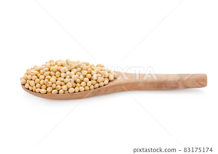Soybeans in wood spoon isolated on white background with clipping path 83175174