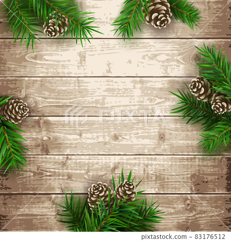 Fir tree branches with cones on wooden board... - Stock Illustration ...