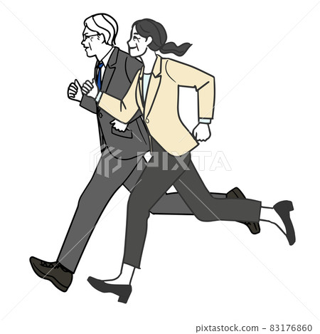 Cartoon-style illustration of full-body line art of Asian senior men and women running in suits 83176860