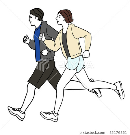 Illustration of a full-body line drawing of a young Asian male and female couple running in a hoodie Illustration of a full-body line drawing of a young Asian male and female couple running in a hoodie 83176861