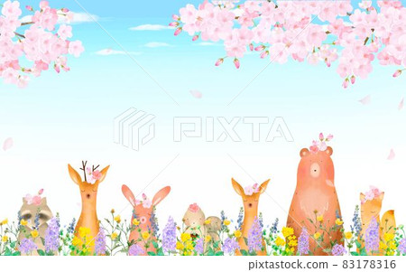斯堪的納維亞可愛的藍天背景框架圖矢量素材與盛開的櫻花樹下的森林動物 83178316
