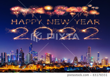 Caption/Description: 2020 happy new year fireworks over Bangkok cityscape at night, Thailand 83178331