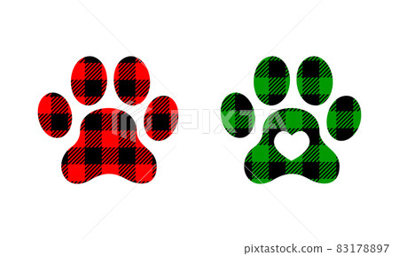 Dog paw silhouettes with Christmas buffalo patterns. Canine footprints with gingham checkered print. Vector flat illustration 83178897