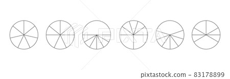 Outline circles divided in 7 segments isolated on white background. Pie or pizza round shapes cut in different seven slices. Simple statistical infographic examples. Vector linear illustration Outline circles divided in 7 segments isolated on white background. Pie or pizza round shapes cut in different seven slices. Simple statistical infographic examples. Vector linear illustration 83178899