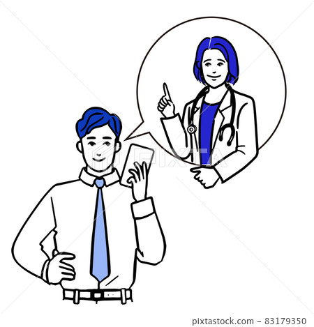 一位亞洲商人上半身的簡單白色背景線圖，他帶著智能手機和一位女醫生在講話泡泡中 83179350