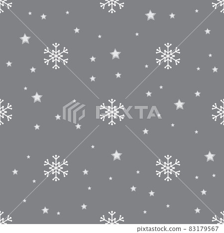 Seamless pattern with white snowflakes and stars on grey background. Festive winter traditional decoration for New Year, Christmas, holidays and design. Ornament of simple line 83179567