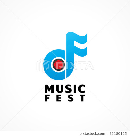 Flag Music Fest. Abstract Musical Note with Record Button Vector Illustration. Letter CF Alphabet Initial Logo For Artist Management Company, Community, Festival, Content Creator. Red and Blue Color 83180125