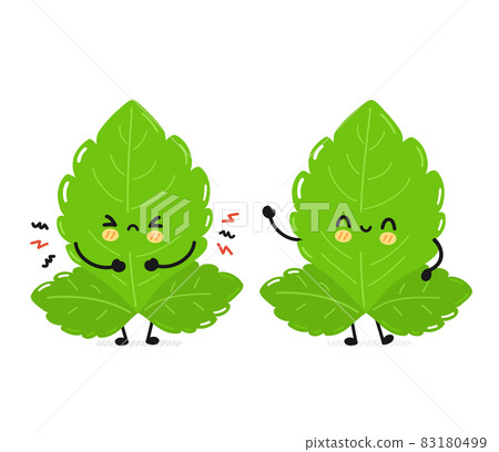 Cute funny sad and happy stevia leafs character. Vector hand drawn simple flat cartoon kawaii character illustration icon. Isolated on white background. Stevia sugar leafs cartoon character concept 83180499