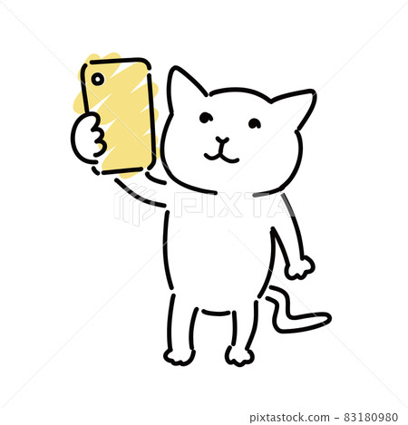 A cute white cat taking a photo with a smartphone 83180980