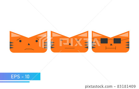 Cat or tiger face in orange color with emotions, indifferent, cute, cool. Symbol of 2022 year. Icon. Isolated on a white background. Flat vector illustration. 83181409