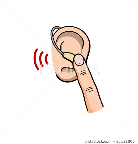 Hearing aid. Audiphone and finger in ear. Sound icon. Cartoon illustration. Hearing problems and disabilities Hearing aid. Audiphone and finger in ear. Sound icon. Cartoon illustration. Hearing problems and disabilities 83181806