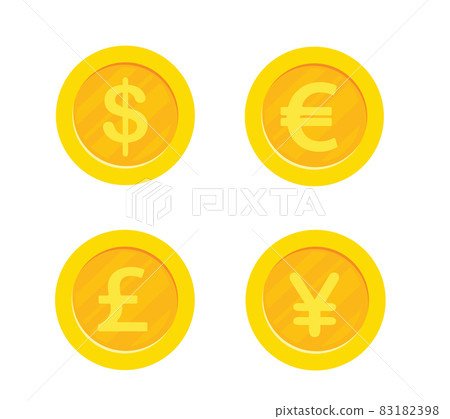 Set of gold coins with 4 major currencies. Dollar, Euro, Pound sterling, Yen 83182398