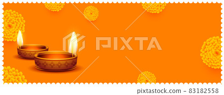 traditional realistic happy diwali flowers and diya orange banner 83182558