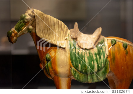 Tang Dynasty clay pottery statue of a horse in Luoyang Museum in Luoyang, China 83182674
