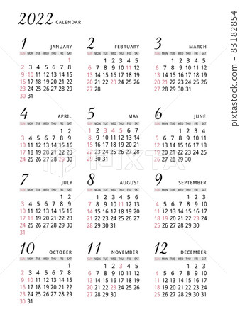 2022 Annual calendar White vertical background 83182854