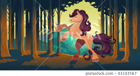 Wild horse rearing up in forest Wild horse rearing up in forest 83183567