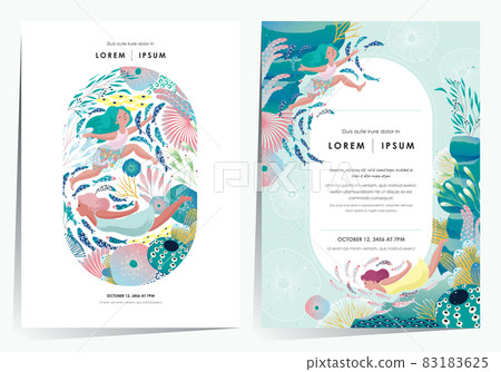 Vector illustration of a frame template design set with women swimming in a mysterious underwater world with various creatures. A cheerful and cool image for the summer season. Vector illustration of a frame template design set with women swimming in a mysterious underwater world with various creatures. A cheerful and cool image for the summer season. 83183625