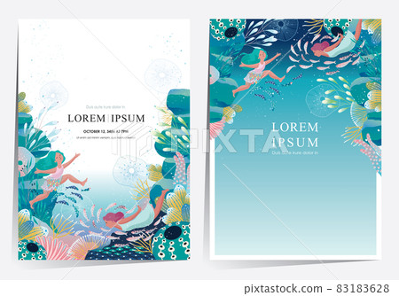 Vector illustration of a frame template design set with women swimming in a mysterious underwater world with various creatures. A cheerful and cool image for the summer season.   83183628