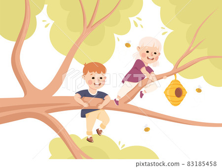 Happy Boy and Girl on Tree Branch Near Beehive Having Fun Enjoying Summer Vector Illustration Happy Boy and Girl on Tree Branch Near Beehive Having Fun Enjoying Summer Vector Illustration 83185458