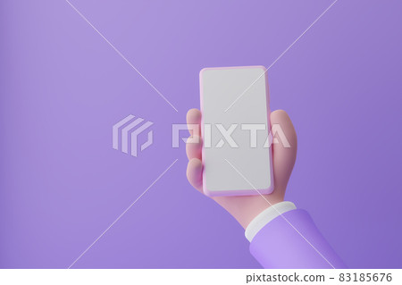 Animation hand holding smartphone with white screen on violet background, 3d illustration 83185676