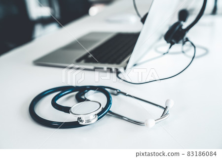 Headset and doctor equipment at clinic ready for actively support for patient Headset and doctor equipment at clinic ready for actively support for patient 83186084