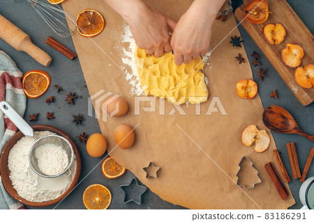 Woman's hands preparing dough for cookies close up Woman's hands preparing dough for cookies close up 83186291