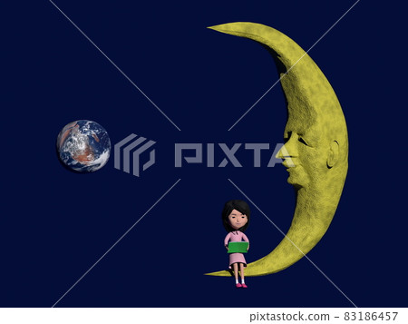 Woman reading with moon face and earth Woman reading with moon face and earth 83186457