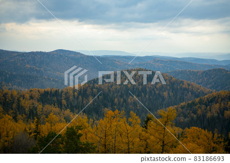 Panorama of the autumn forest against the blue sky with clouds. Panorama of the autumn forest against the blue sky with clouds. 83186693