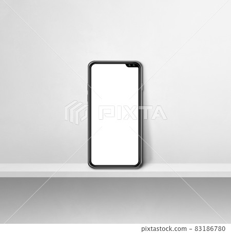 Mobile phone on white concrete wall shelf. Square background 83186780