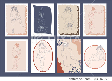 Silhouette of a woman, female body, body positive, cosmetic concept with flowers, trendy beige, template 83187078