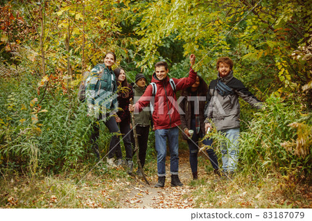 Group of joyful friends spending time together in the forest, doing hiking 83187079