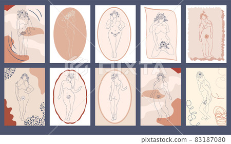 Silhouette of a woman, female body, body positive, cosmetic concept with flowers, trendy beige, template 83187080