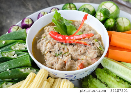 Thai food, Fried mackerel with shrimp paste sauce and vegetable. Thai food, Fried mackerel with shrimp paste sauce and vegetable. 83187201