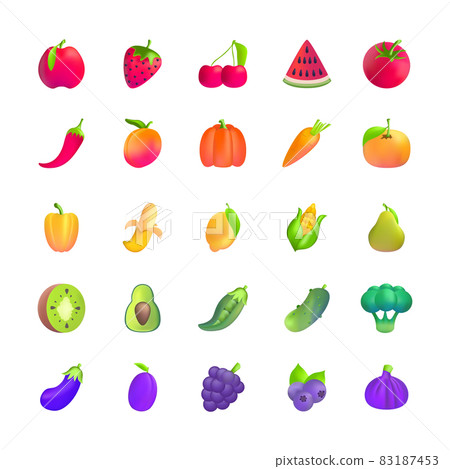 Realistic Detailed 3d Color Fluent Fruit and Vegetable Icon Set Include of Cherry, Cabbage, Pear, Banana and Strawberry. Vector illustration 83187453