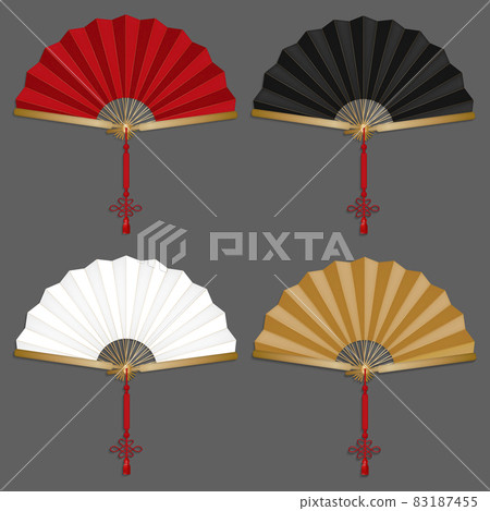 Realistic Detailed 3d Color Chinese Hand Fans Set. Vector illustration of Traditional Oriental Paper Folding Fan Realistic Detailed 3d Color Chinese Hand Fans Set. Vector illustration of Traditional Oriental Paper Folding Fan 83187455